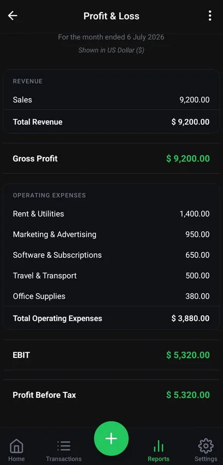 Monthly Profit and Loss statement